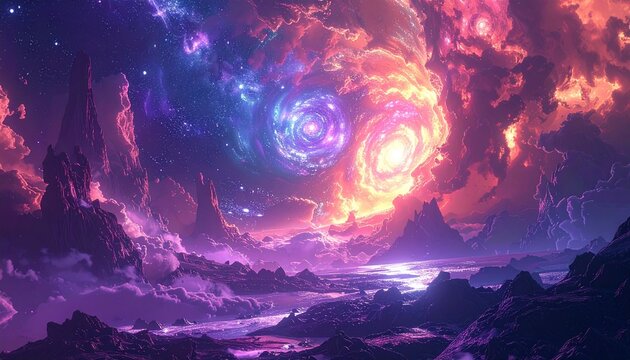 Vibrant Galaxy with Swirling Clouds and Stars.