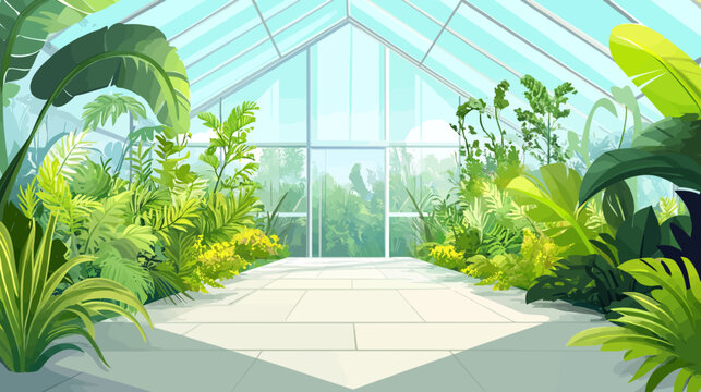 A vibrant, verdant greenhouse interior brimming with lush foliage and a bright sky through glass windows