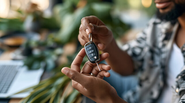 A close up of Middle Eastern hands holds softly a bright modern car key fob in natural daylight car key open face partial modern outdoors daylight workspace soft key fob