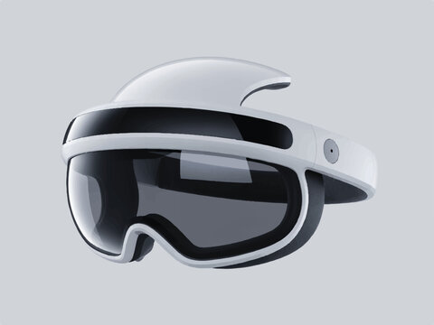 Futuristic white and gray VR headset with reflective visor, close up studio shot on gray background.