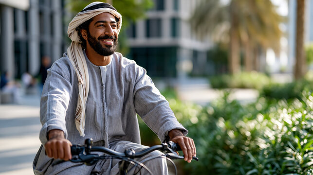 A Middle Eastern young man in a soft thobe with ghatra and agal cycles softly on a bright modern bicycle through a calm city park in natural daylight modern cycle open face
