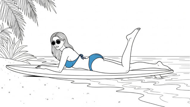 Woman relaxes on surfboard near palm tree in 2D CAD Vector illustration