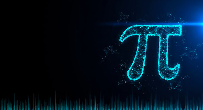 A vibrant, glowing Pi symbol (&pi;) floating on a dark background with light effects and a waveform below.