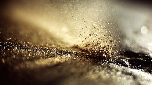 Brilliant golden particulate matter appears suspended in dynamic motion against a luminous background