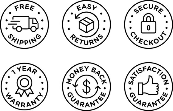 E commerce trust badges line icons set with free shipping easy returns secure checkout warranty money back guarantee