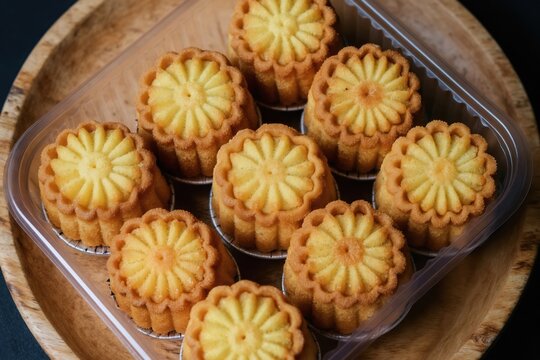Traditional sponge cakes Kuih Bahulu are neatly arranged in a clear container. These golden brown Asian delicacies are baked in decorative moulds, perfect for festive celebrations or everyday treats.