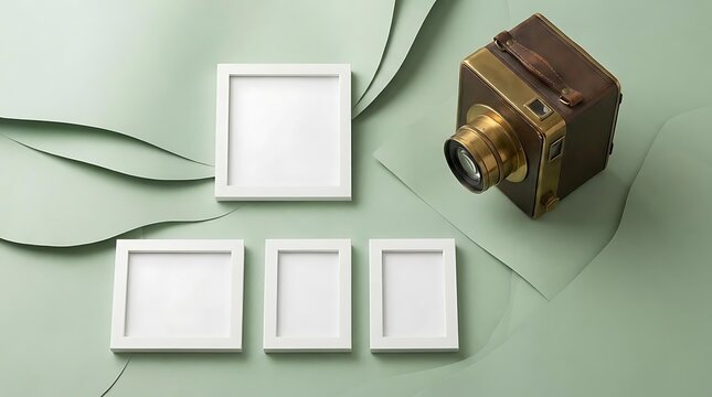 Vintage box camera next to blank white frames on sage green curved background.