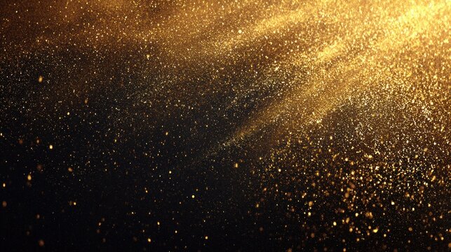 Bright golden particles illuminate a dark background with dramatic light rays.