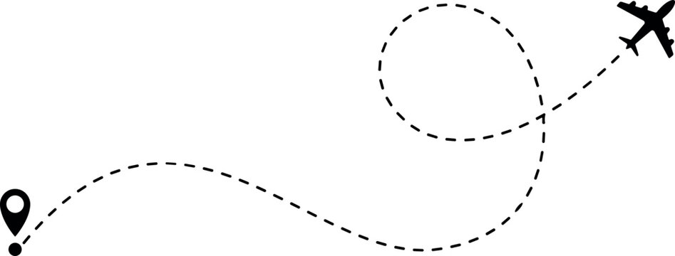 Airplane flight path route vector element with aircraft silhouette dashed line loop and location pin map pointer