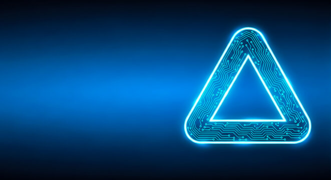A glowing neon-blue triangular symbol with intricate circuit-like patterns on a dark blue gradient backdrop.