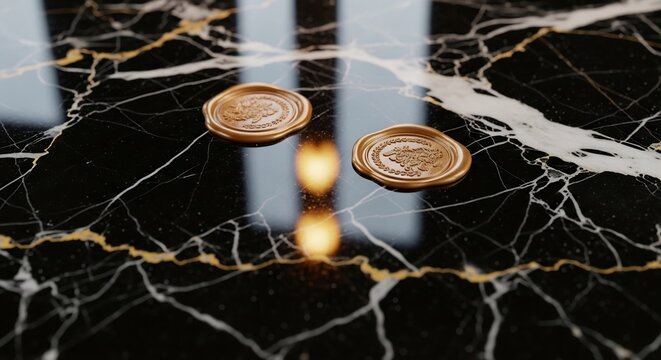 Two antique gold wax seals on a polished black marble surface with white veins.