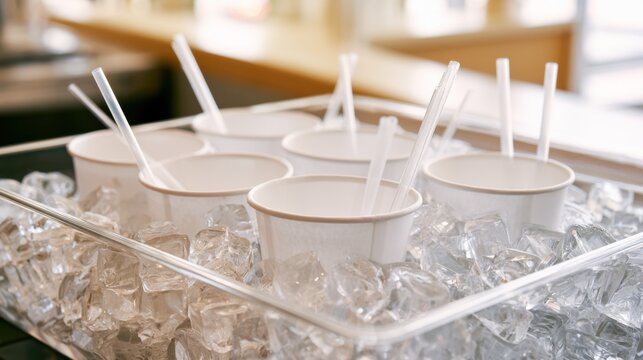 Disposable cups on ice chilled refreshment station for event staff restocking paper cups with lids and straws on crushed ice in stainless tray, bright cafeteria background, hygienic self serve