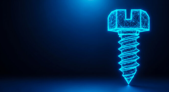 A 3D rendered image of a blue metallic screw with a glowing effect, isolated on a dark background. Modern and futuristic design.