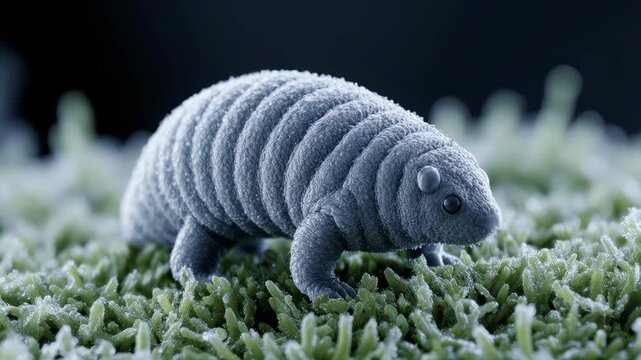 Slow motion microscopic tardigrade or water bear organism walking on vibrant green moss, showing intricate segmented body and tiny limbs, symbolizing resilience
