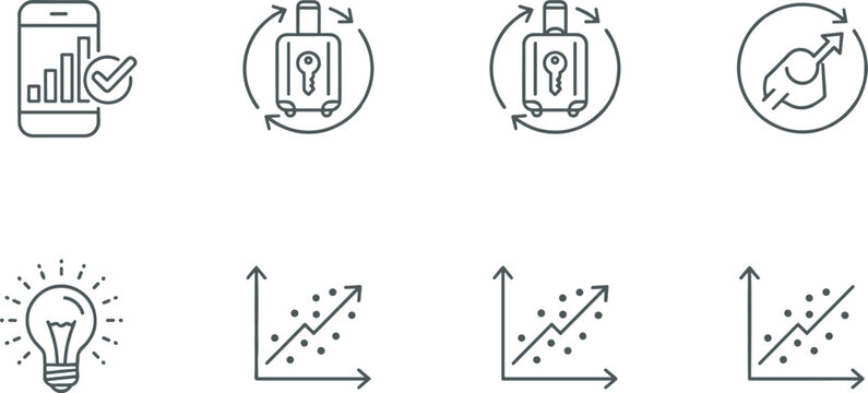 Business growth and innovation icon collection vector illustration featuring mobile analytics automation productivity ideas and performance improvement symbols