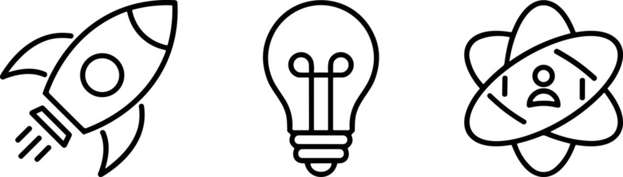 Business startup project vector icons set representing rocket launch creative idea lightbulb core human values network elements