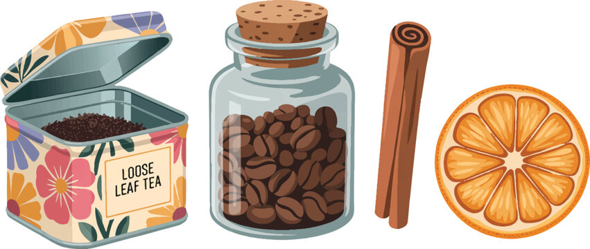 Open tea tin with loose leaves, coffee beans in jar, cinnamon stick, and dried orange slice, beverage ingredients.