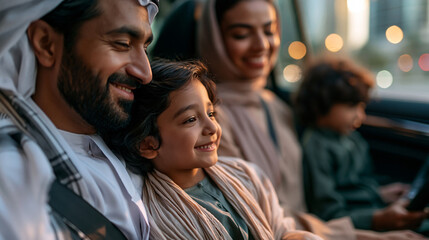 Obraz premium A Middle Eastern family viewed from above enjoys softly a calm bright modern family electric car ride in natural daylight family EV ride open faces top view modern vehicle