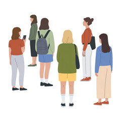 Obraz premium Diverse group of young women standing from back view, vector illustration for female community concepts