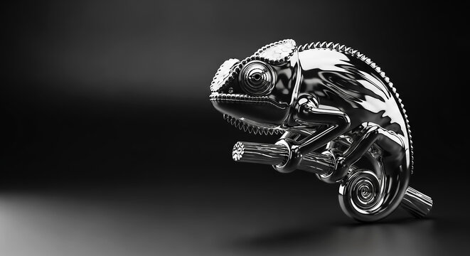 A highly detailed metallic chameleon sculpture with intricate textures and reflective surfaces, set against a sleek black and white background.