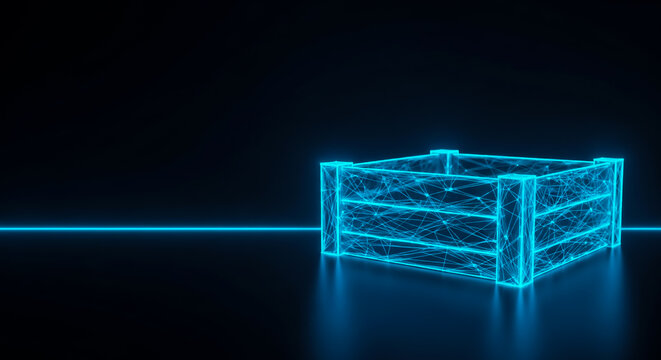 A digital rendering of a transparent, illuminated crate with neon blue edges, set against a sleek, dark background, evoking a modern, high-tech aesthetic.