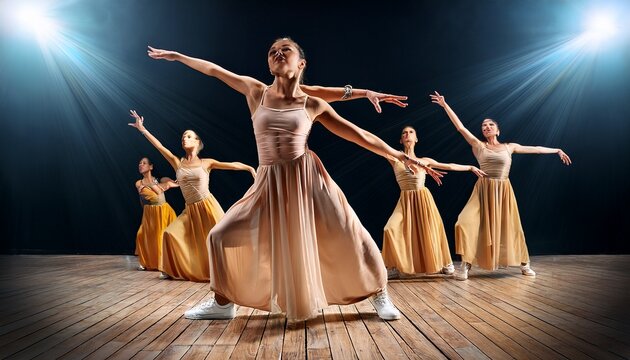 vibrant dance troupe performing an expressive contemporary routine on stage