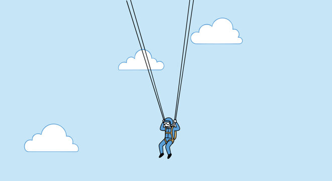 Paratrooper or skydiver in a blue suit descending through the sky with soft white clouds in the background.