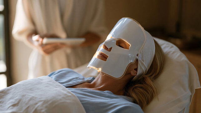 LED light therapy mask treatment at a high-end facial spa, client leaning back in a reclined chair with a glowing panel device covering the face, rejuvenation technology session,