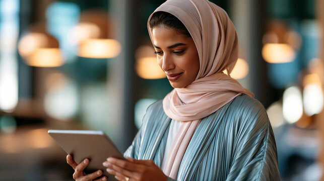 A confident Middle Eastern woman in a soft pastel abaya and headscarf reviews softly a bright EV subscription plan on a calm tablet in natural daylight EV subscription open