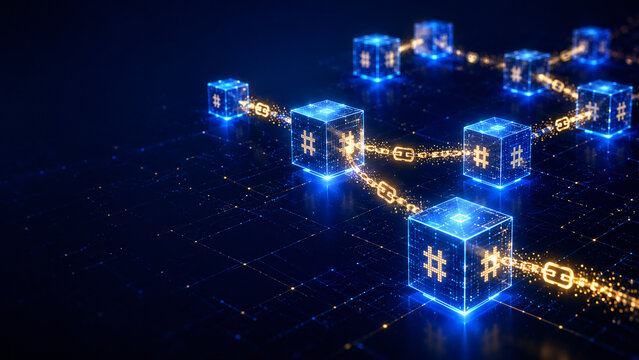 Blockchain distributed ledger network abstract with glowing connected cube blocks and golden transaction streams on dark indigo background, cryptocurrency fintech concept