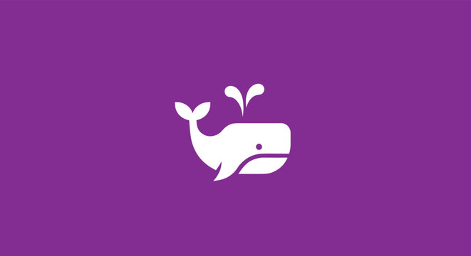 Simple white whale icon with water spout isolated on a solid purple background for creative logo or graphic design use.