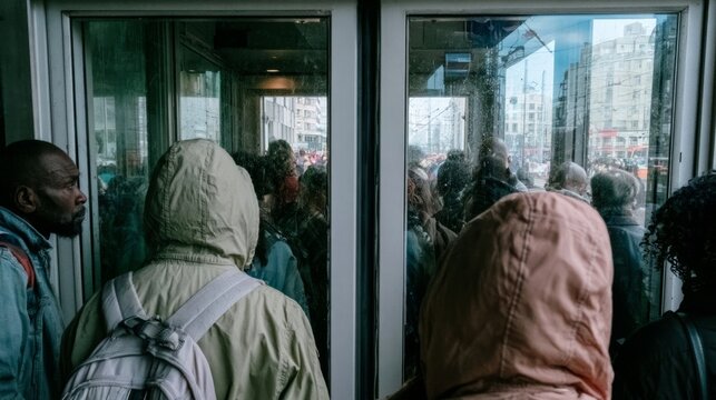 Crowded Train Station Entrance with Realistic Scene of Commuters During Daylight Hours