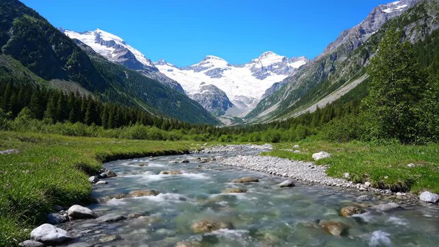 Mountain streams and snow-capped mountain forest scenery, stream scenery under the snow-capped mountains