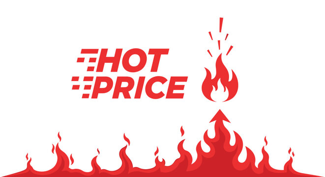 Promotional graphic featuring hot price text with flames and an upward arrow for sales and marketing campaigns in red.