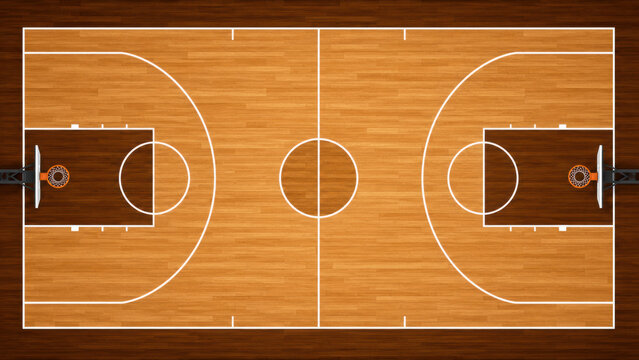 Top view of a professional basketball court with wooden floor and white lines for a sports game or match arena
