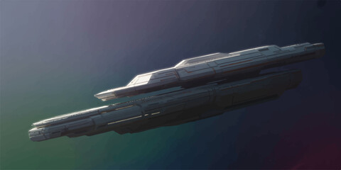 Futuristic spaceship with sleek white and gray hull cruising through deep space nebula background. © Kamrun82