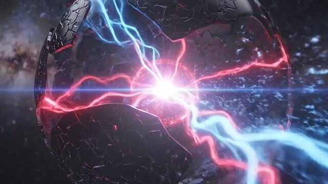 A glowing energy core radiates light from within a fractured dark sphere