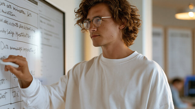 A privacy-focused software architect documents data minimization implementation requirements on a digital whiteboard during an engineering sprint planning session in a minimalist
