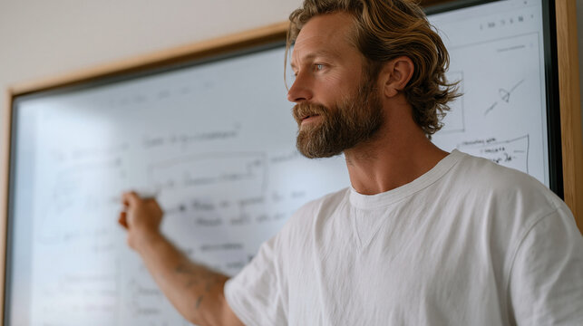 A privacy-focused software architect documents data minimization implementation requirements on a digital whiteboard during an engineering sprint planning session in a minimalist