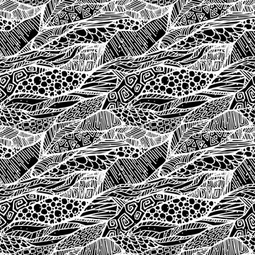 Abstract vector seamless white pattern on a black background made of differently shaded fragments.
