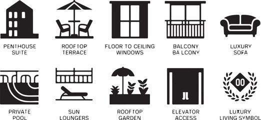Collection of apartment amenity icons penthouse suite rooftop terrace floor ceiling windows balcony luxury sofa private pool sun loungers garden elevator access living symbol. © Kamrun82