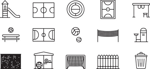 Sports and recreation icons playground soccer field basketball court tennis court sports equipment net bench trash can gate fence flower garbage. © Kamrun82