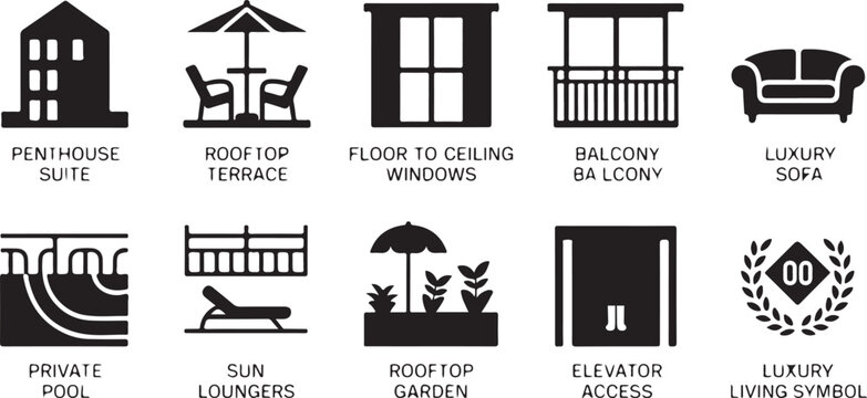 Collection of apartment amenity icons penthouse suite rooftop terrace floor ceiling windows balcony luxury sofa private pool sun loungers garden elevator access living symbol.