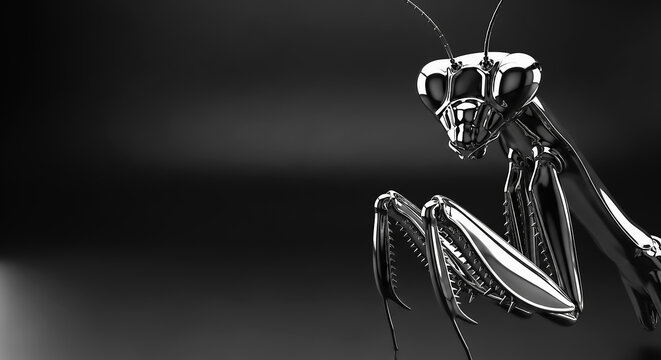 A highly detailed macro shot of a praying mantis in metallic silver, showcasing its intricate anatomy and texture against a smooth, dark background.