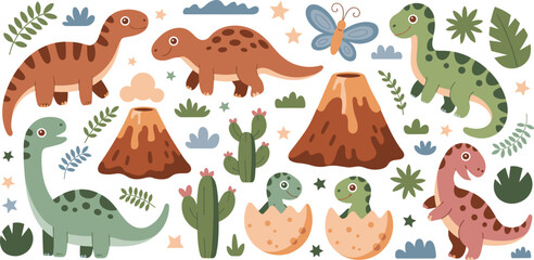 Cute Cartoon Dinosaur Sticker Set Featuring Colorful Happy Dinos Volcanoes Tropical Leaves Cactus and Hatching Baby Eggs Vector Illustration for Kids Nursery Design © Ismail