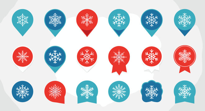 Selection of map pin icons with various white snowflake designs on blue and red backgrounds for winter location tracking.