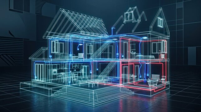 Digital blueprint of a modern house showing electrical and plumbing systems in neon glow
