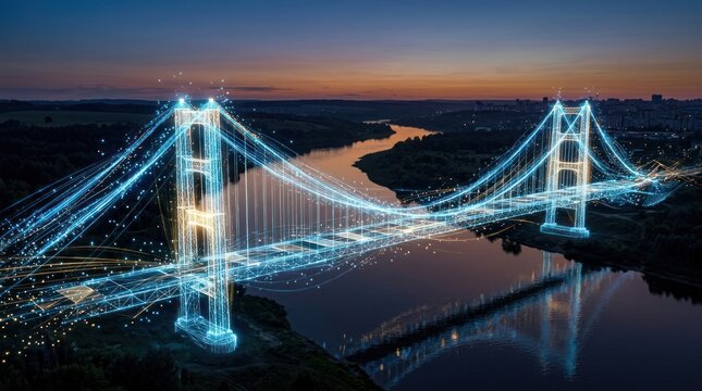 Digital bridge glowing with blue light connecting abstract networks over a river at dusk