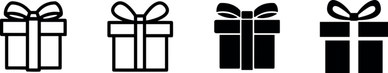 Obraz premium Gift box present bow ribbon vector icons set with outline line and solid glyph style package elements design