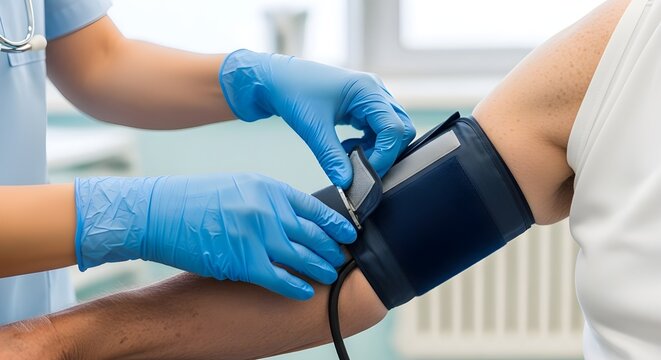 Nurse Wrapping Blood Pressure Cuff Around Patient Arm